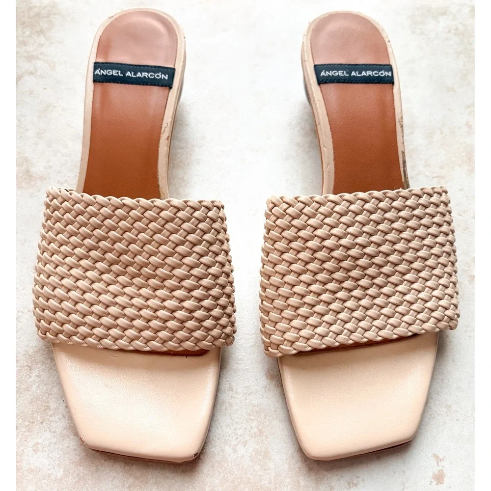 Angel Alarcon Woven Leather Ball Heel Mules Nude Beige Square Toe Spain 36